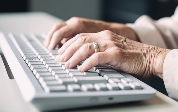 Senior older hands using keyboard. Generative AI