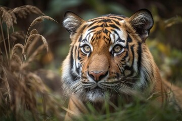 Obraz premium Tiger in the grass portrait. Generative AI