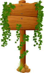 Wooden board with ivy leaves, cartoon vector sign