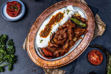 Top view of Turkish national dish with meat on the plate