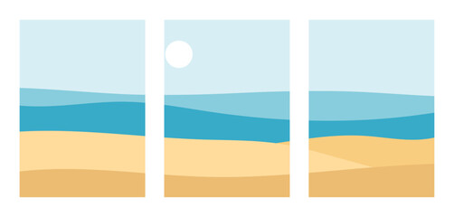 Beautiful summer sea landscape, contemporary posters with beach, sand, sky, sun, ocean. Vector illustration
