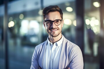 Obraz premium Confident businessman conquers modern office space. Generative AI