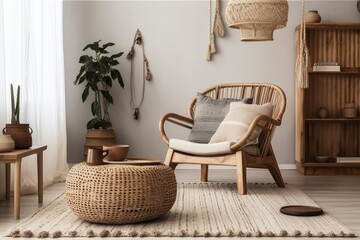 Bali style living room with natural materials and macrame on white wall. Vertical view of comfy armchair with cushions near bamboo coffee table with home décor. Generative AI