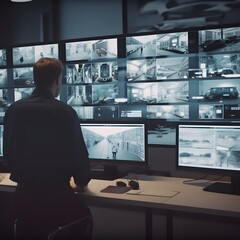 A security guard monitoring multiple screens in a control room, watching the movements of people in a high-security building, Generative AI