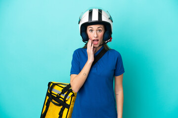 Young caucasian woman with thermal backpack isolated on white background with surprise and shocked facial expression