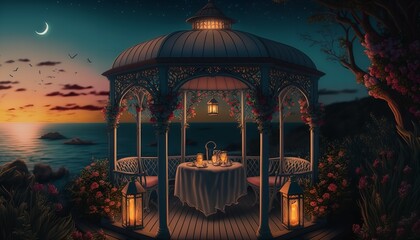 Romantic getaway with candles, flowers, and lamps at twilight in the gazebo by the sea. Generative Ai.