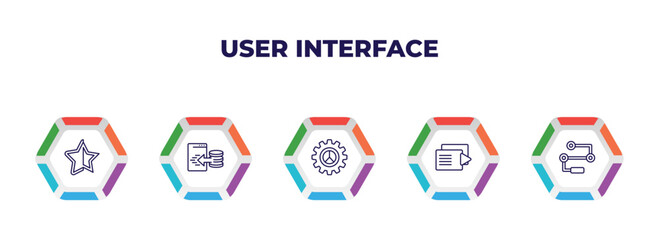 editable outline icons with infographic template. infographic for user interface concept. included black star, data import interface, user ting interface, play files, flow chart icons.