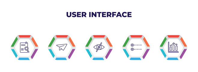 editable outline icons with infographic template. infographic for user interface concept. included search file, flying origami airplane, hidden, radio button, data analytics bars icons.