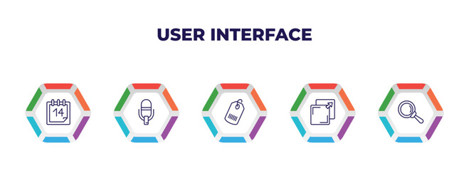 editable outline icons with infographic template. infographic for user interface concept. included daily calendar day 14, record voice button, shopping label, new tab button, glass material icons.