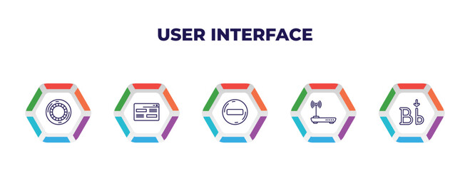 editable outline icons with infographic template. infographic for user interface concept. included hue circle, looking, remove round button, internet modem, letter i icons.