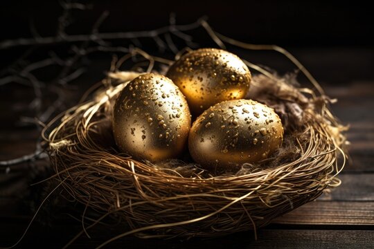 nest with three golden eggs resting on a wooden table. Generative AI
