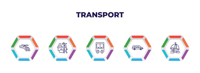 editable outline icons with infographic template. infographic for transport concept. included small helicopter, airport checking, public transportation, long car, sailing boat with veils icons.