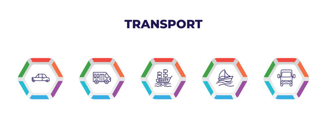 editable outline icons with infographic template. infographic for transport concept. included midget car, school van, galleon, sailing, van front view icons.