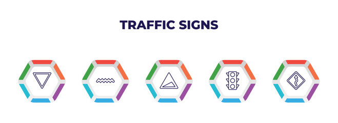 editable outline icons with infographic template. infographic for traffic signs concept. included yield, zig zag, slope, traffic lights, winding road icons.
