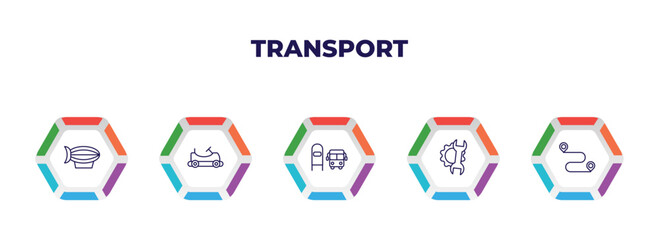 editable outline icons with infographic template. infographic for transport concept. included blimp, go kart, scholar bus stop, repair, way icons.