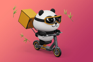 Cute Panda riding scooter, panda delivery, 3d rendering © Chan