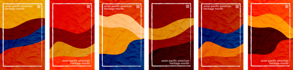 Asian American and Pacific Islander Heritage Month theme color tone, hues crushed paper vertical background frame. 6 set collection. User interface backdrop texture pattern. Online app visual concept