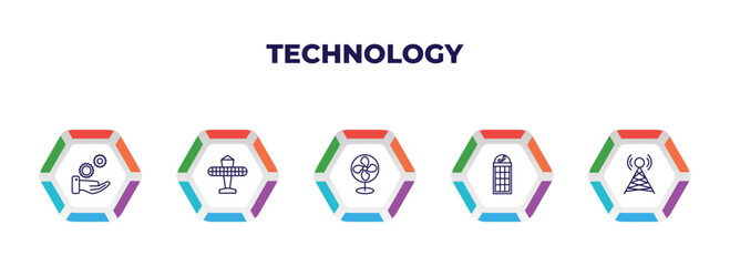 editable outline icons with infographic template. infographic for technology concept. included services, solar plane, ventilator, phone box, cell tower icons.