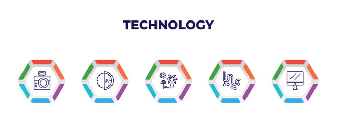 editable outline icons with infographic template. infographic for technology concept. included retro squared camera, half hour, holidays, tinsel, simple screen icons.