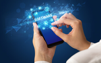 Hand using smartphone with technology concept