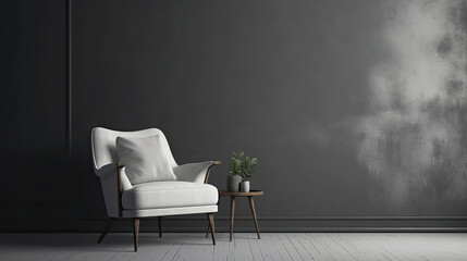 Living room with white armchair on empty gray wall. Generative AI