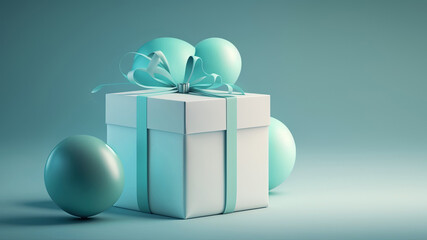 Baby shower gift box. Celebration of childs birthday party. Pastel blue background with copy space and wrapped present for special occasion. 3D Illustration generative AI