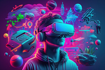Fototapeta na wymiar Teenager in VR glasses spending free time in cyberspace. Concept of digital age, gaming addiction and high-tech 3D equipment. Realistic illustration generative AI
