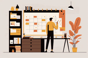 Concept of self management at remote work. Freelance worker spending time at home office, checking appointment in calendar, flat cartoon illustration generative AI