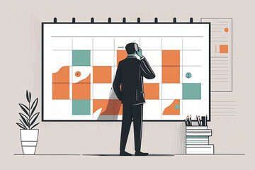 Business and time management illustration, generative AI. Character planning project tasks, checking schedule in calendar for organization work presentation in office