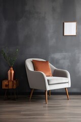 Living room with white armchair on empty gray wall. Generative AI