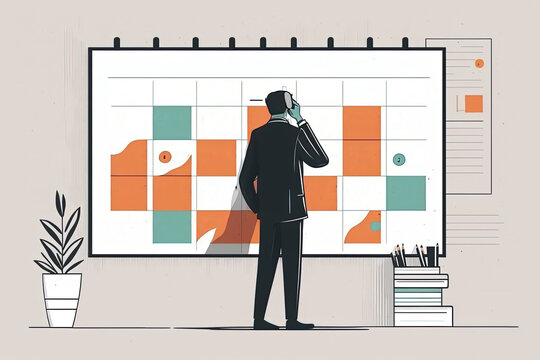 Business and time management illustration, generative AI. Character planning project tasks, checking schedule in calendar for organization work presentation in office