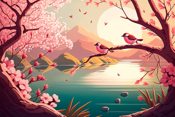 Illustration of a mountain dawn landscape with cherry blossoms and birds, a celebration of spring. Oriental background, digital art. Generative AI.