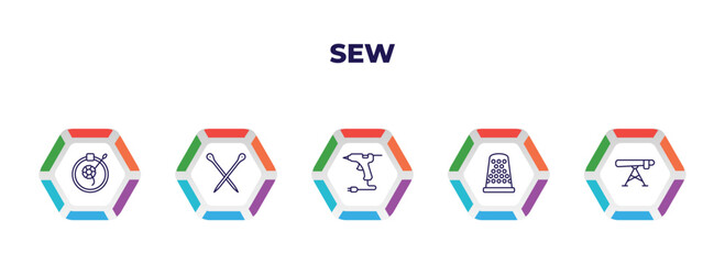 editable outline icons with infographic template. infographic for sew concept. included embroidery, knitting neddles, hot glue, sewing thimble, ironing board icons.