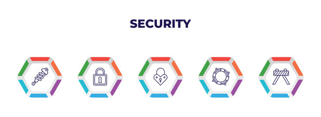 editable outline icons with infographic template. infographic for security concept. included shock absorber, locked padlock, padlocks, lifesaving, barricade icons.