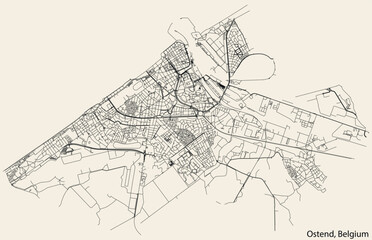 Detailed hand-drawn navigational urban street roads map of the Belgian city of OSTEND, BELGIUM with solid road lines and name tag on vintage background