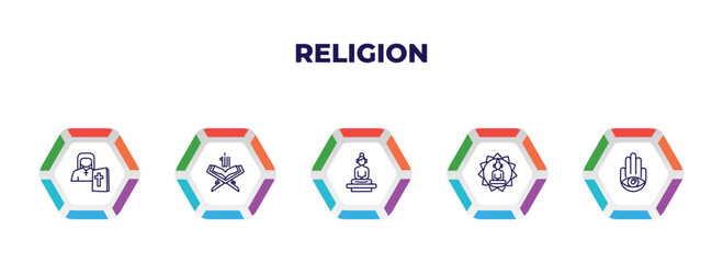 editable outline icons with infographic template. infographic for religion concept. included orthodox, koran, great buddha, buddhism, hamsa icons.