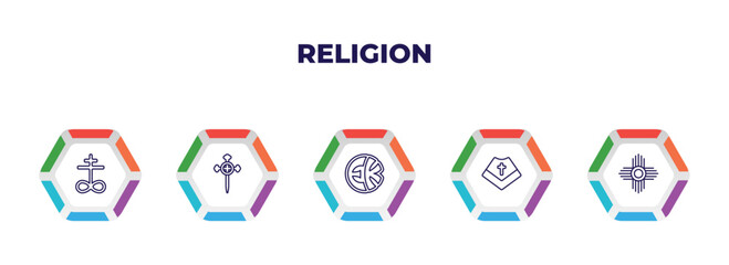 editable outline icons with infographic template. infographic for religion concept. included satanic church, aaronic order church, eckankar, mantle, native american sun icons.
