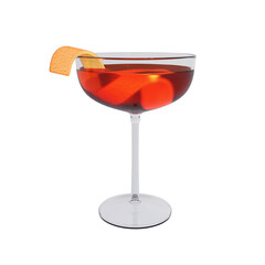 Martinez cocktail with gin vermouth and orange Peel. 3d rendering