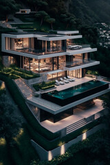 Fototapeta premium modern cozy house by the river with garage for sale or rent with beautiful mountains on background. Clear summer night with stars on the sky. Cozy warm light from window. Generative AI.