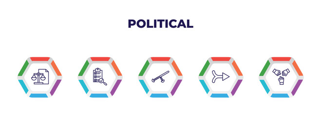 editable outline icons with infographic template. infographic for political concept. included political balance, checking, nightstick, merging, unity icons.