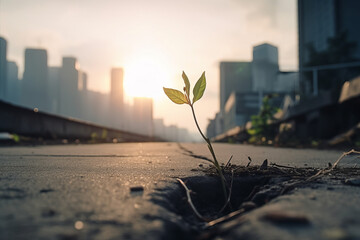 young evolving plant seedling growing out of craced concrete with city skyline in the background symbolizing nature taking back the rural environment, generative AI - obrazy, fototapety, plakaty
