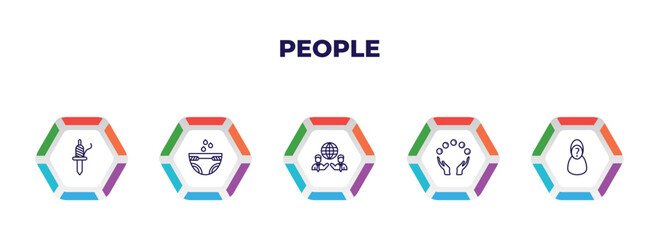 editable outline icons with infographic template. infographic for people concept. included spindle, baby diaper, business partnership, juggling ball, unknown icons.