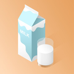 Isometric milk carton box and glass of milk. Vector illustration