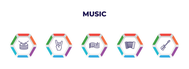 editable outline icons with infographic template. infographic for music concept. included snare drum, heavy metal, melody, accordion, bass guitar icons.