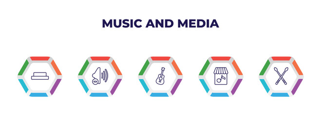 editable outline icons with infographic template. infographic for music and media concept. included half rest, low volume speaker, ukelele, music store, drumsticks icons.