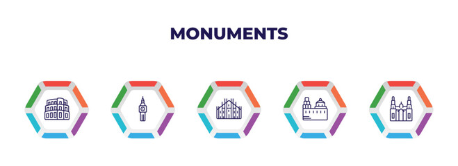 editable outline icons with infographic template. infographic for monuments concept. included pula arena, the clock tower, milan cathedral, blue domed churches, cathedral icons.