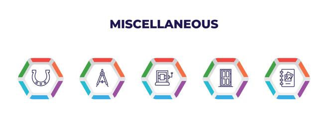 editable outline icons with infographic template. infographic for miscellaneous concept. included horseshoes, school compass, wringer, room door, scrapbook icons.