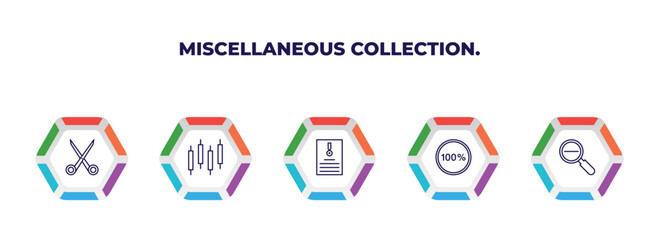 editable outline icons with infographic template. infographic for miscellaneous collection. concept. included scissor, candlestick, enlist, 100 percent, diminish icons.