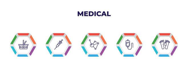 editable outline icons with infographic template. infographic for medical concept. included phary shopping cart, syringe with medicine, molecular configuration, plasma, dead icons.