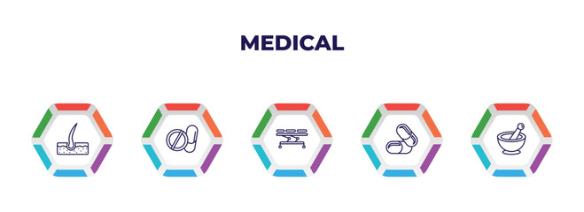 Fototapeta na wymiar editable outline icons with infographic template. infographic for medical concept. included dermis, drug pills, table of treatments, medicine capsules, phary tool icons.